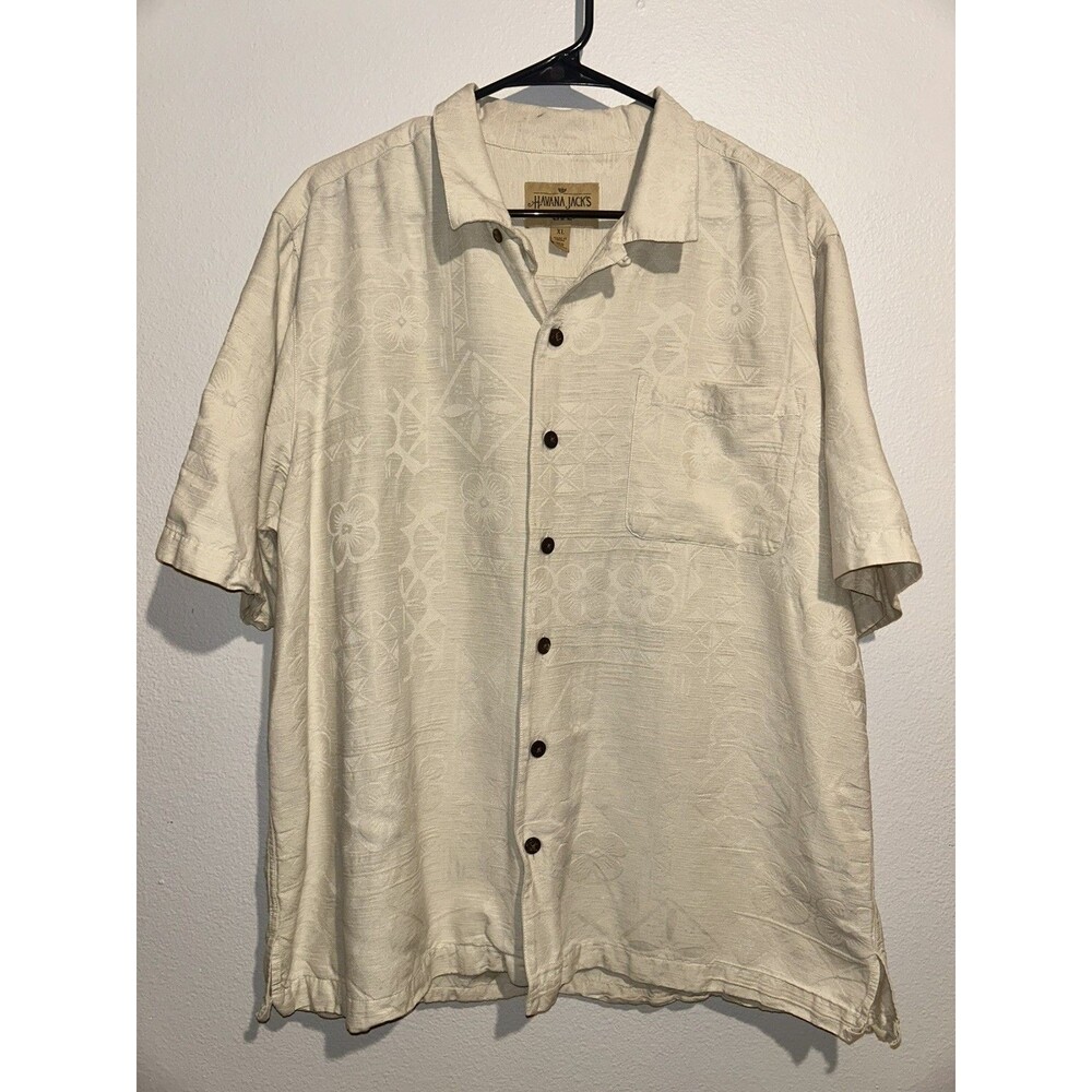 Havana Jacks Cafe Mens XL Ivory  Button Up Hawaiian camp Shirt 100% SILK
